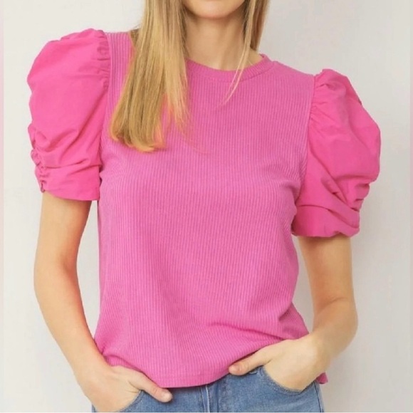 Entro Boutique Fuchsia Puff Sleeve Blouse Small - Picture 1 of 12